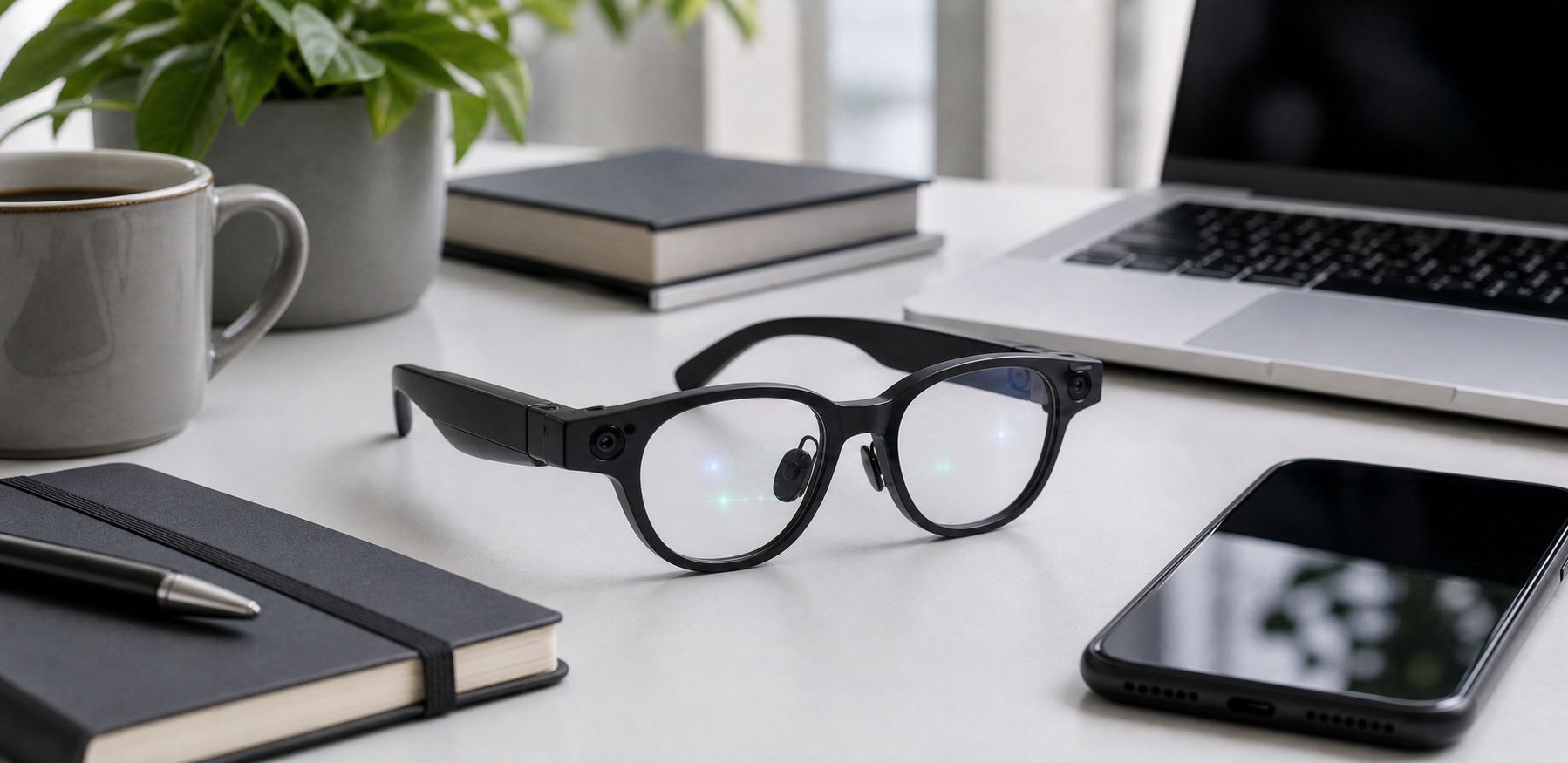 Generic AI smart glasses beside a phone and laptop for buying decision advice
