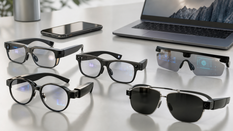 Several generic AI smart glasses on a clean technology desk for a buying guide