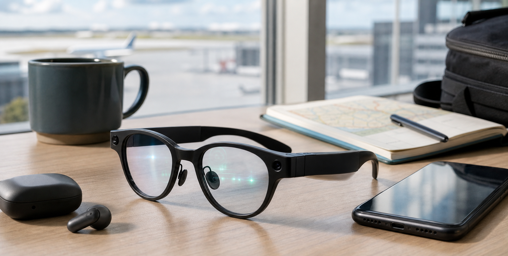Generic AI smart glasses on a travel desk for translation and travel buying advice