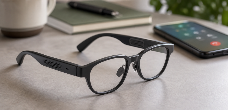 Generic open-ear audio smart glasses on a desk with a phone