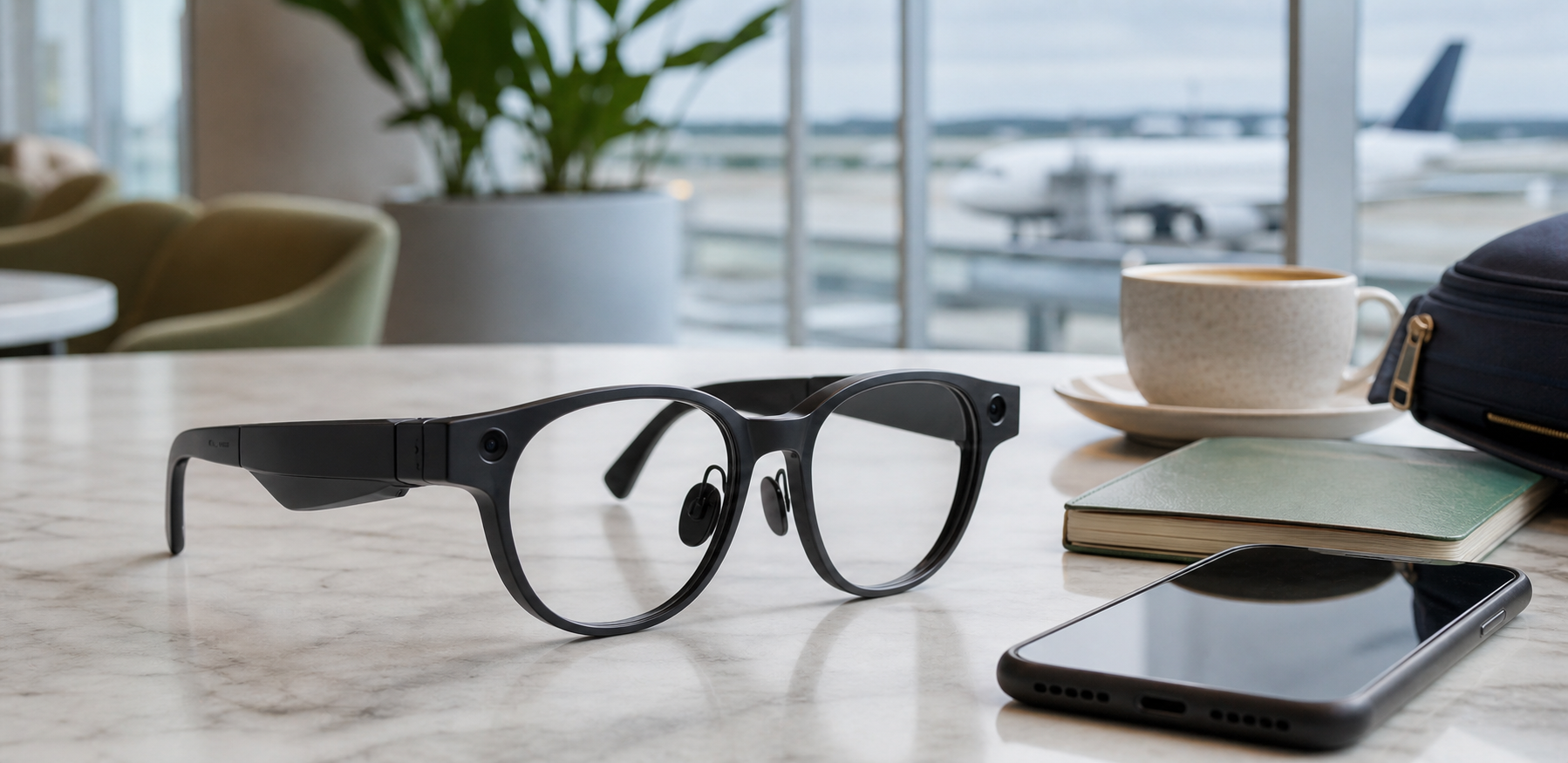 Generic camera smart glasses on a travel table in an airport lounge