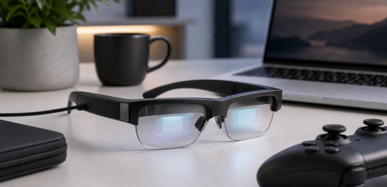 Generic display smart glasses with subtle lens glow connected to work and gaming devices