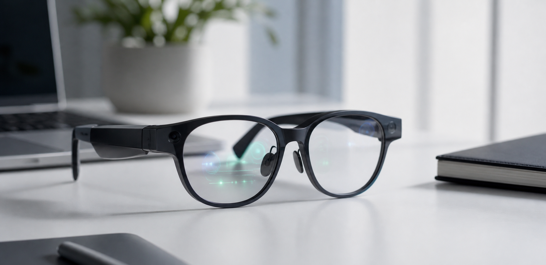 Generic AI glasses on a modern desk for upcoming intelligent eyewear news