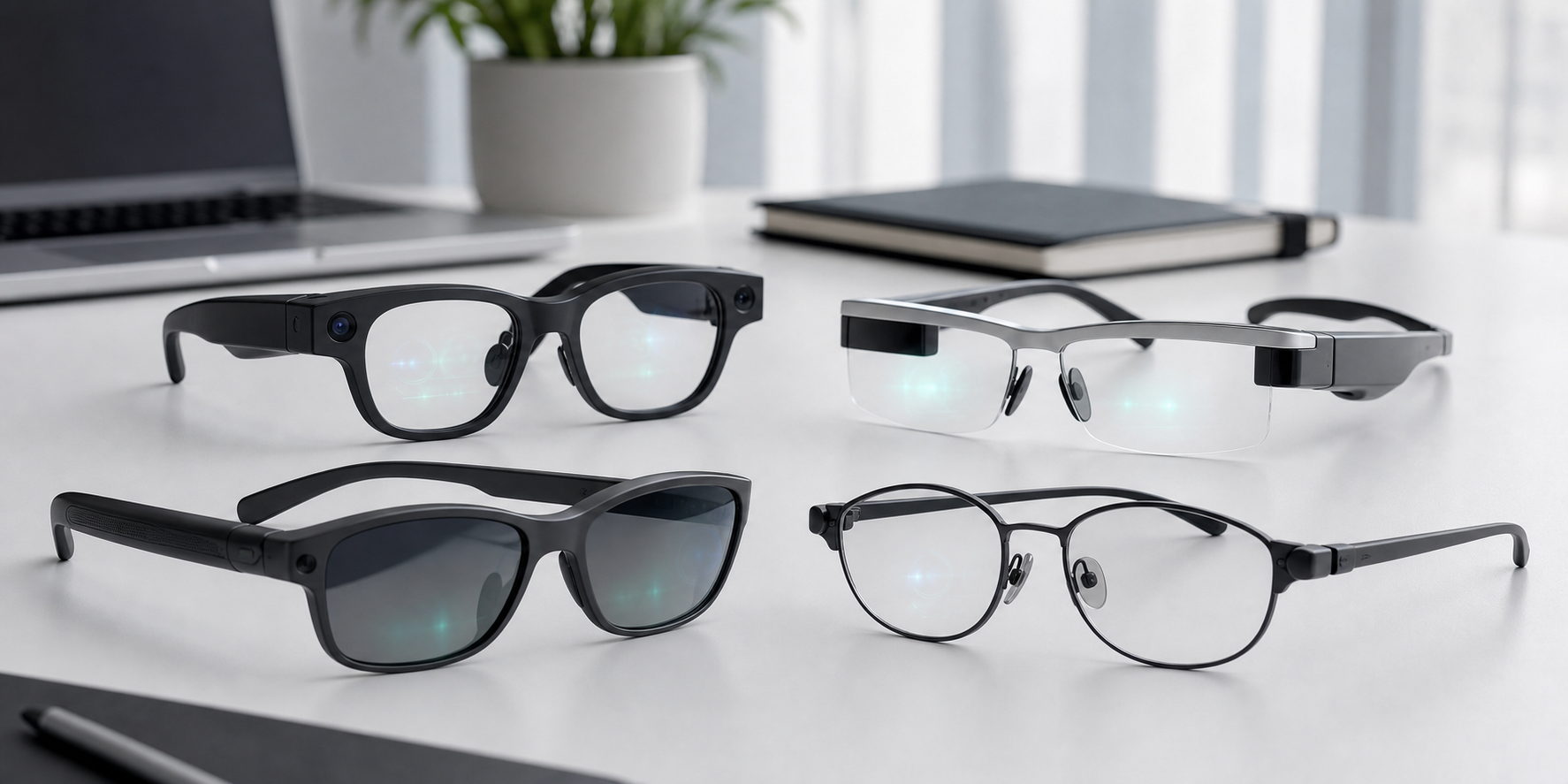Several generic smart glasses arranged on a desk for alternatives comparison