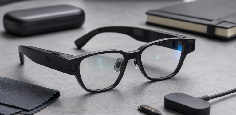 Generic camera smart glasses on a review desk with charging accessories