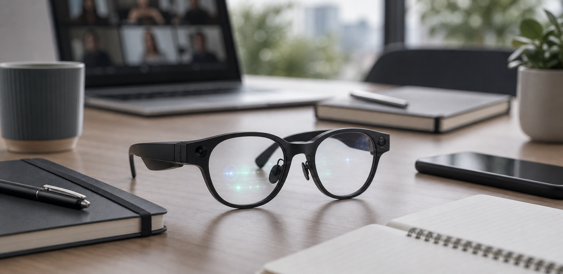 Generic smart glasses on a professional workspace desk for meetings and productivity