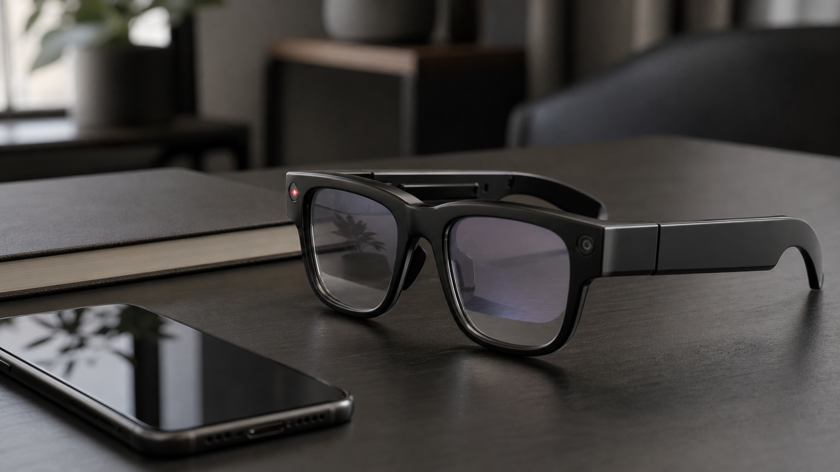 Generic smart glasses with privacy and security interface reflections on a desk
