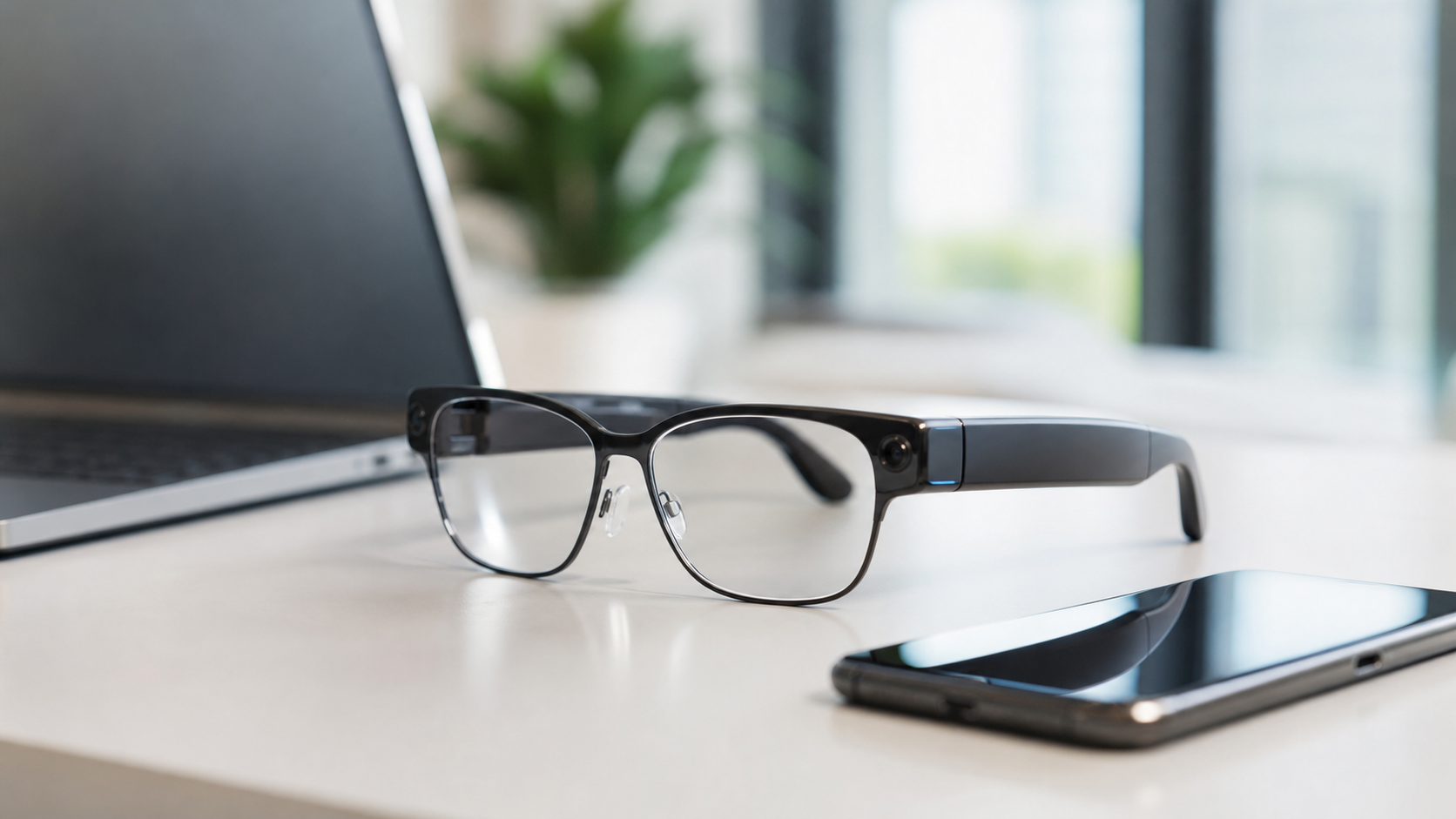 Generic AI smart glasses on a modern workspace desk